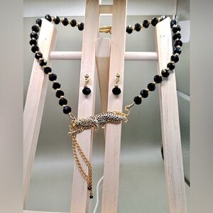 Elegant Black and Gold Panther Necklace Set. Handmade